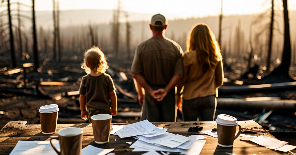wildfire recovery scene with charred landscape, family standing looking forward with determination, documentary photography