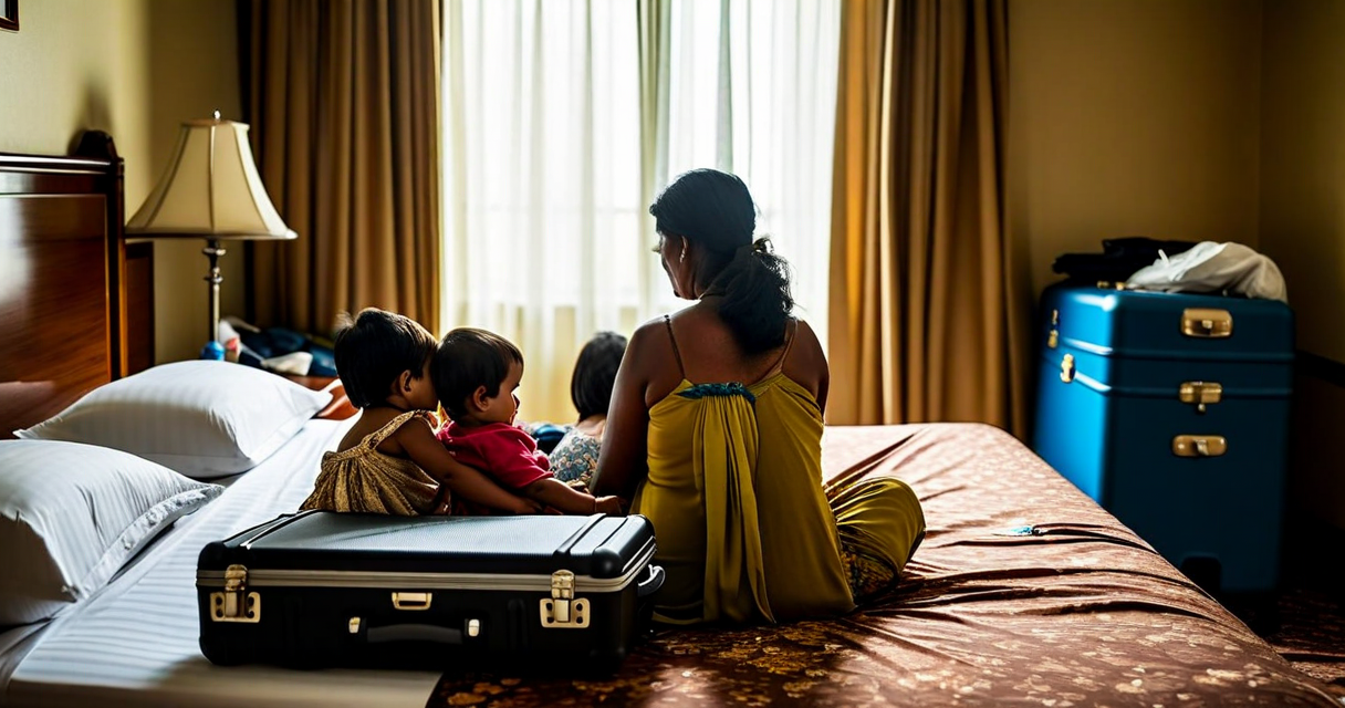 displaced family in a hotel room after disaster, suitcases visible, tired but managing, warm documentary tone