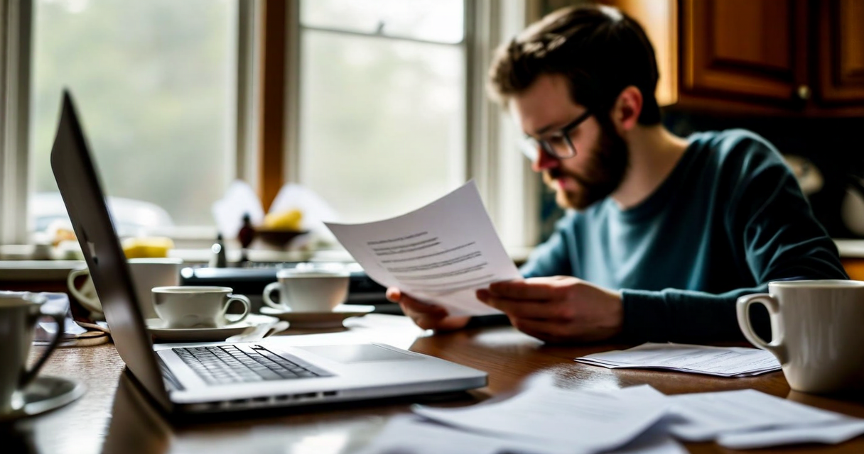 person reading a denial letter at kitchen table, FEMA paperwork and laptop visible, focused and determined