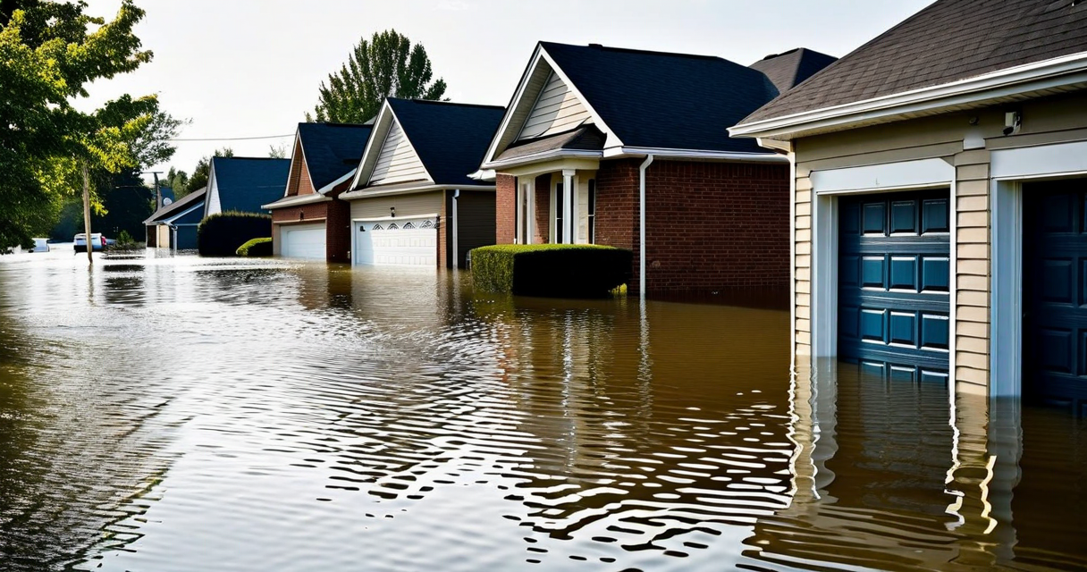 flooded residential street with water reaching front doors of homes, disaster photography