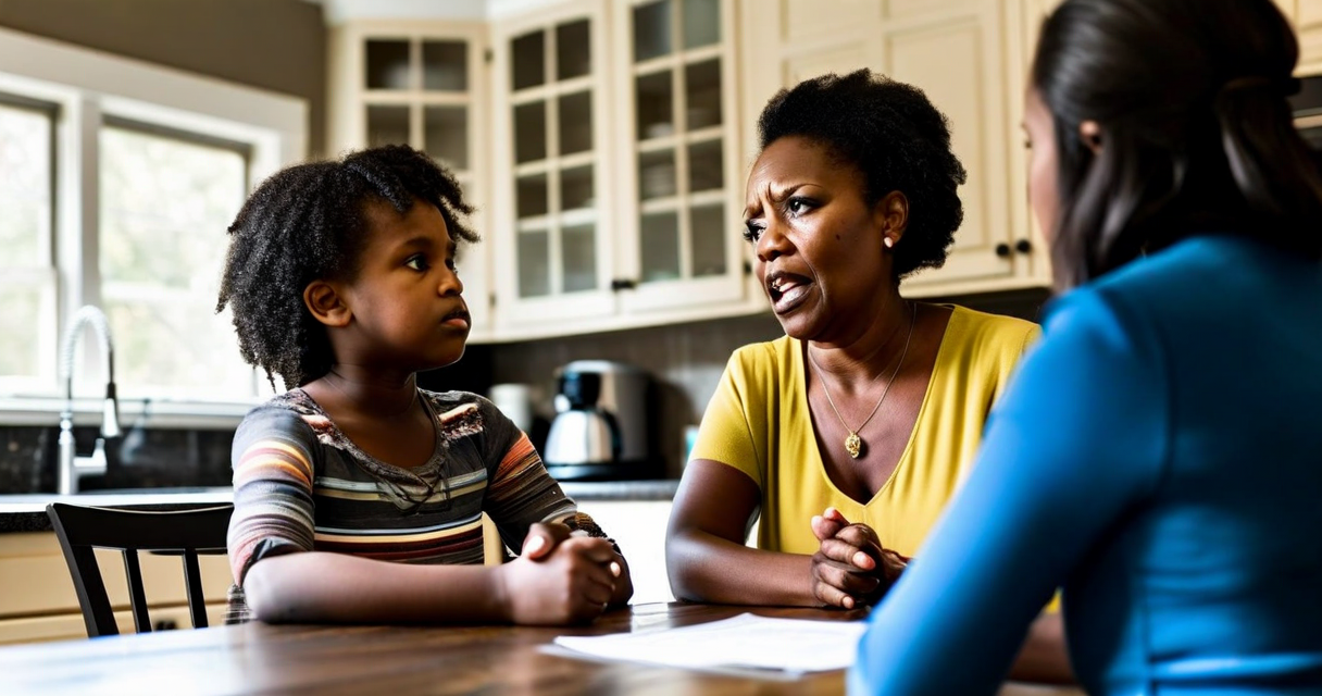 professional advisor meeting with disaster survivor family at kitchen table, supportive consultation