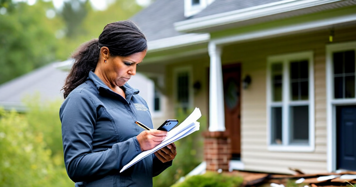homeowner surveying storm damage to house exterior, taking notes on phone, insurance documentation