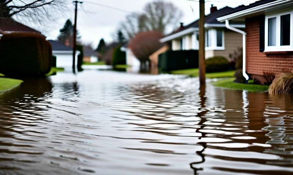 flooded residential street with water reaching front doors of homes, flood disaster