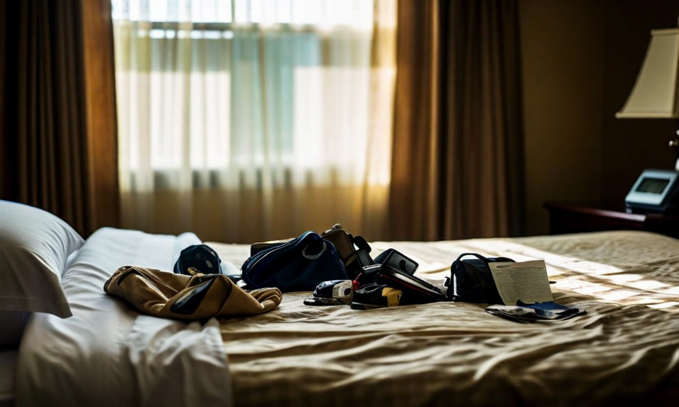 hotel room with personal belongings scattered, displaced family after disaster, documentary