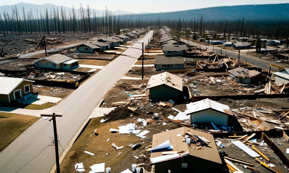aerial view of wildfire-damaged neighborhood with recovery in progress, homes at various stages