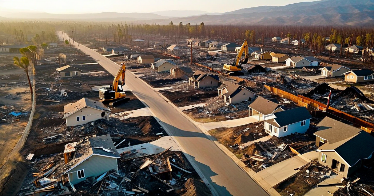 aerial view of wildfire-affected neighborhood showing homes at various stages of recovery, some cleared some under rebuild